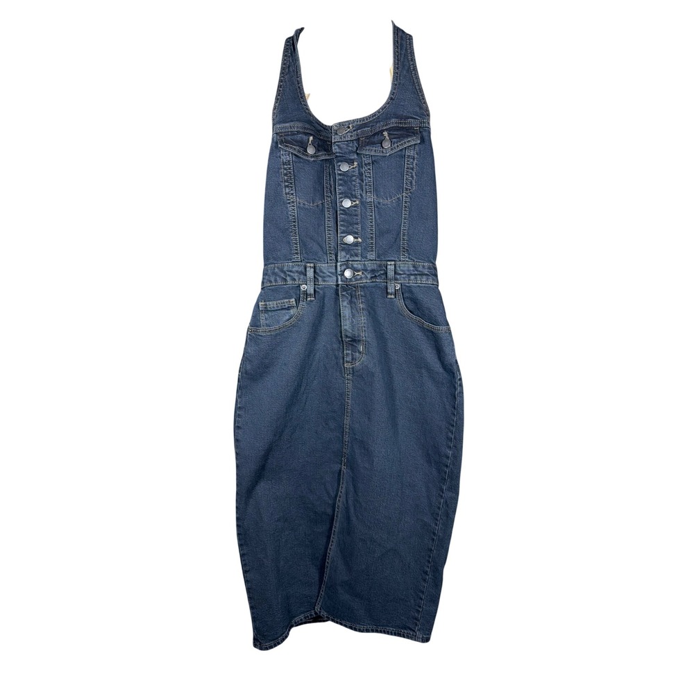 Universal Thread Dress Womens 2 Halter Midi Black Blue Button-Down‎ Denim NEW
